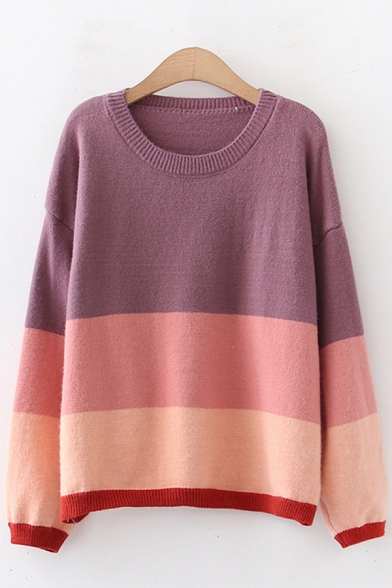 Womens Sweater Trendy Contrast Stripe Pattern Loose Fitted Crew Neck Long Sleeve Sweater