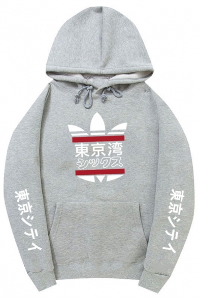 Mens Hooded Sweatshirt Fashionable Japanese Letter Pattern Cuffed Drawstring Long Sleeve Relaxed Fitted Hoodie