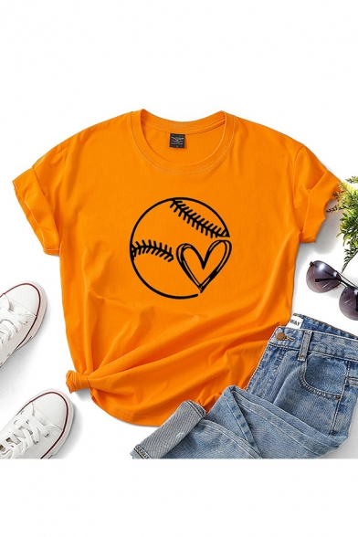 Womens Tee Top Creative Softball Heart Pattern Crew Neck Relaxed Fit Short Sleeve Tee Top