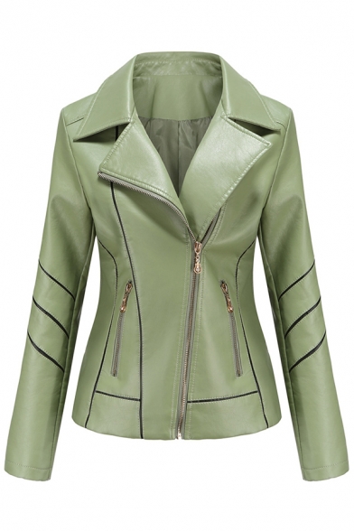 YUNY Womens Pu Leather Oversized Short Stand Collar Zip Pocket Jacket Outwear Green 3XL 