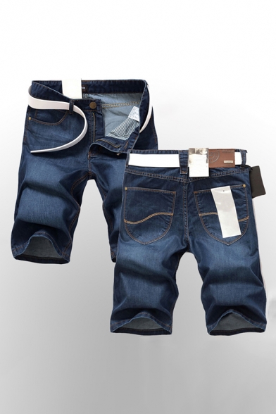 Casual Simple Plain Zip-fly Men's Stretch Fit Denim Shorts