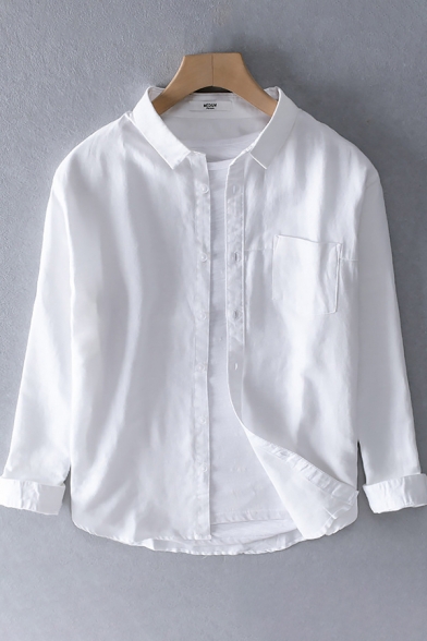 Cool Mens Shirt Plain Cotton Linen Button up Chest Pocket Point Collar Long Sleeve Regular Fit Shirt