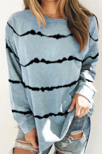 Cozy Sweatshirt Stripe Pattern Crew Neck Long-sleeved Regular Fitted Pullover Sweatshirt for Women