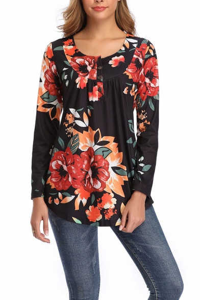 Cozy Women's Tee Top All over Floral Pattern Buttons Scoop Neck Long Sleeved Henley Tee Top