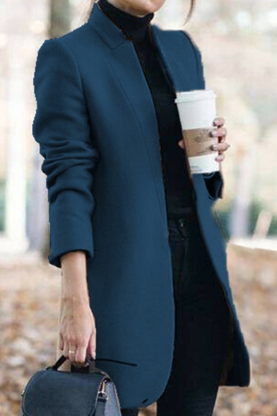 Elegant Coat Open Front Solid Color Collarless Fitted Wool Coat for Women