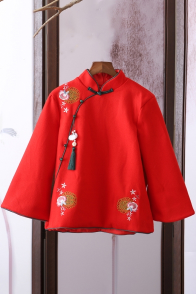 Ethnic Style Flower Embroidered Single-Breasted Stand Collar Long Sleeves Relaxed Fit Linens Coat for Women