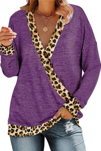 Fashion Women's T-Shirt Patchwork Leopard Pattern Contrast Hem V Neck Long Sleeves Regular Fitted Tee Top