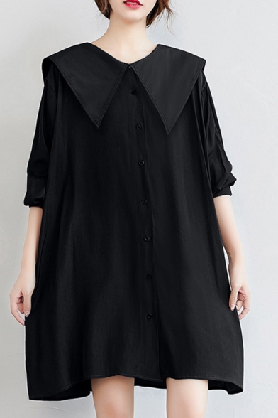 Kawaii Girls Shirt Dress Black Cotton Button-down Loose Fit Sailor Collar Full Sleeve Shirt