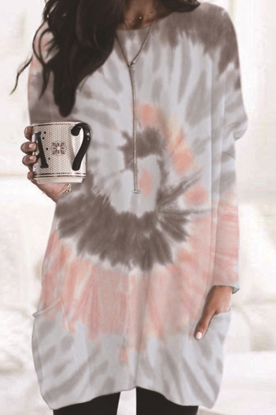 Leisure Tee Top Tie Dye All over Printed Front Pocket Round Neck Long-sleeved Regular Fitted Tunic T-Shirt for Women