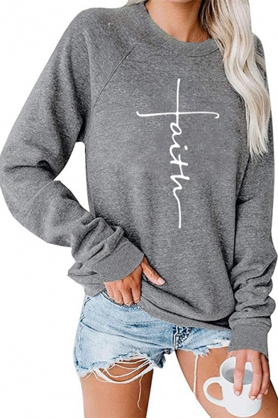 Leisure Women's Sweatshirt Letter Pattern Round Neck Long Sleeves Regular Fitted Pullover Sweatshirt