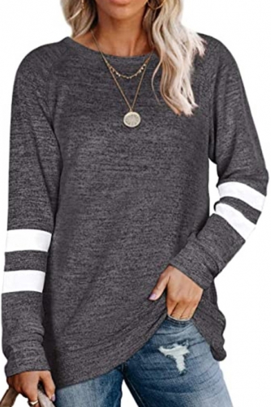 Leisure Women's Tee Top Space Dye Stripe Pattern Crew Neck Long-sleeved Relaxed Fit T-Shirt