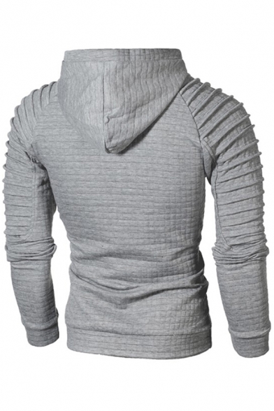 Mens Hoodie Casual Lattice Jacquard Pleated-Shoulder Drawstring Long Sleeve Slim Fit Hooded Sweatshirt