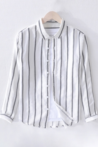 Mens Shirt Fashionable Vertical Stripe Print Cotton Linen Point Collar Button Detail Regular Fit Long Sleeve Shirt