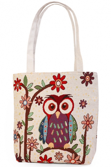 National Style Unique Floral Owl Pattern Beige Canvas Shoulder Tote Bag 35*10*38 CM