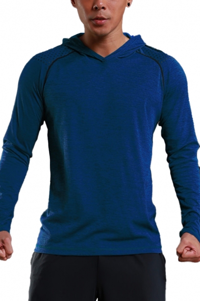 Retro Mens Tee Top Flatlock Stitching Quick Dry Slim Fitted Round Neck Long Sleeve Hooded T-Shirt