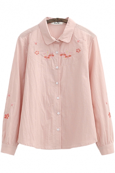 Retro Womens Shirt Floral Embroidered Spread Collar Button Detail Loose Fit Long Sleeve Shirt