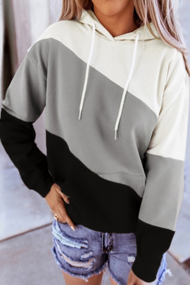Stylish Hoodie Drawstring Color Block Front Pocket Long Sleeve Regular Fitted Hooded Sweatshirt