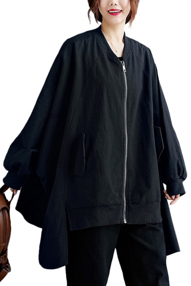 Stylish Jacket Solid Color Contrast Trim Asymmetrical Side Slit Zip Fly Flap Pockets Collarless Long Batwing Sleeves Oversized Jacket for Women