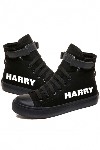 Trendy Logo Letter Harry Pattern High-top Canvas Shoes in Black