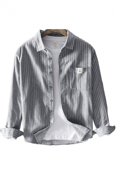 Vintage Mens Shirt Pinstripe Print Button-down Long Sleeve Turn-down Collar Regular Fit Shirt with Chest Pocket
