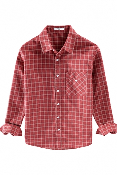 Vintage Mens Shirt Plaid Pattern Chest Pocket Cotton Button down Long Sleeve Spread Collar Regular Fit Shirt