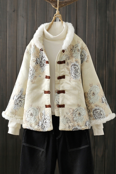 Winter Thick Flower Embroidered Button-up Stand Collar Long-sleeved Fitted Cotton Fluffs Coat