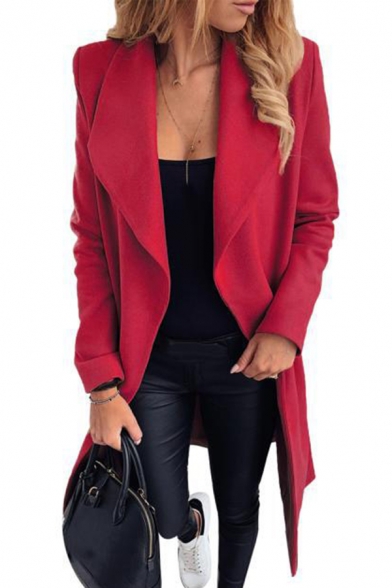 Womens Coat Chic Solid Color Tie-Waist Cardigan Notched Lapel Collar Loose Fit Long Sleeve Woolen Coat