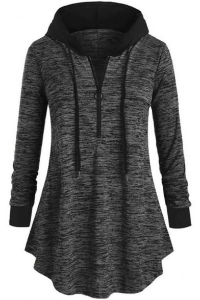 Womens Hoodie Chic Space Dye Color Block Zipper Detail Drawstring A-Line Tunic Long Sleeve Slim Fit Hooded Sweatshirt