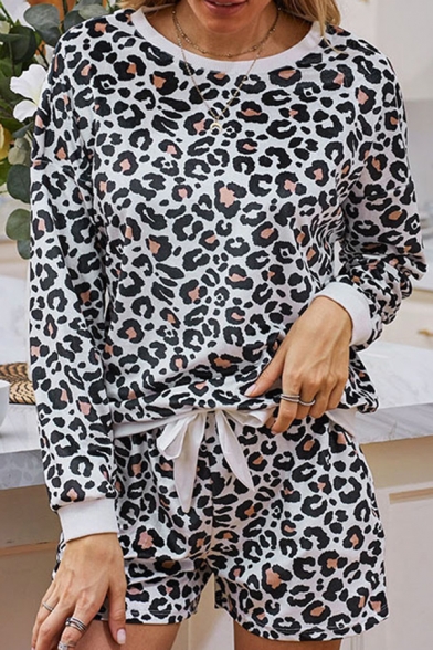 Womens Sweater and Shorts Sets Chic Leopard Printed Bow-Knot Tie Long Sleeve Round Neck Co-ords