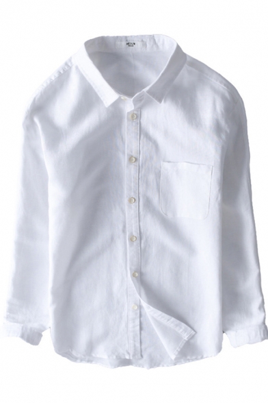 Basic Mens Shirt Plain Chest Pocket Cotton Linen Button down Long Sleeve Turn-down Collar Regular Fit Shirt