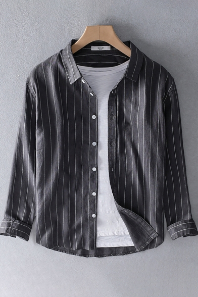Basic Mens Shirt Vertical Pinstripe Print Button down Long Sleeve Spread Collar Regular Fit Linen Shirt