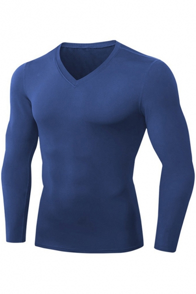 Basic Mens T-Shirt Solid Color Thickened Stretch V Neck Long Sleeve Skinny Fitted T-Shirt