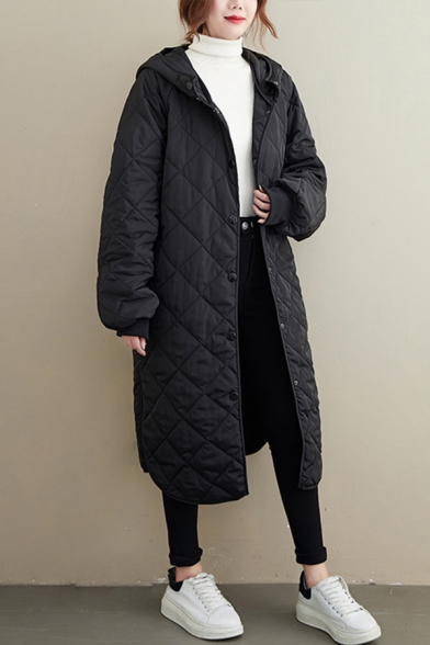 Basic Women's Down Coat Quilted Solid Color Asymmetrical Side Slit Hooded Button-down Long-sleeved Oversized Coat