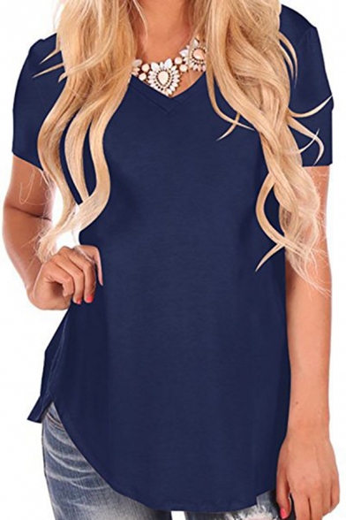 Casual T-Shirt Solid Color Side Slits V-Neck Regular Fitted Tee Top for Women
