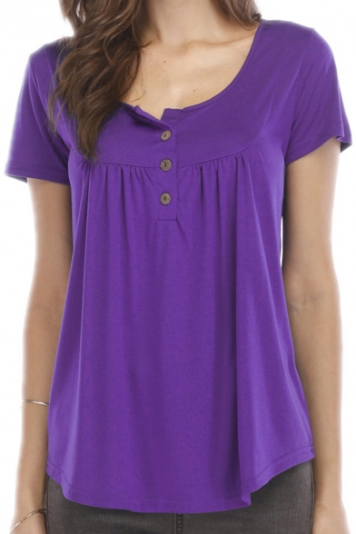 Casual Tee Top Button Pleated Plain Regular Short Sleeve Scoop Neck T-Shirt for Women