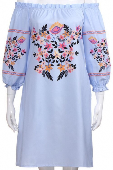 Chic Blue Floral Embroidery Ruffled Off the Shoulder Mini Shift Chambray Dress