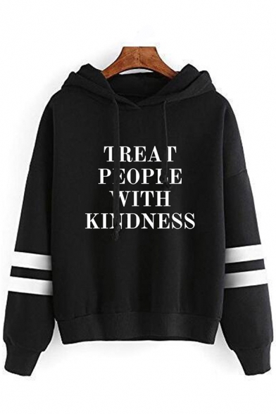 Chic Womens Hoodie Arm-Stripe Letter Treat People with Kindness Print Drawstring Loose Fit Long Sleeve Hoodie