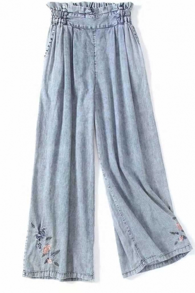 Classic Womens Jeans Floral Embroidered Elastic Waist Loose Fitted Long Wide Leg Jeans
