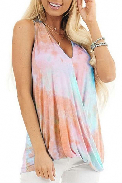 Colorful Tank Top Tie Dye Pattern Pleated Design V Neck Sleeveless Loose Fit Tunic Tank Top for Women