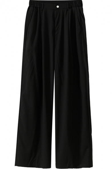 Cool Mens Pants Partially Elastic Waist Zipper Fly Long Loose Fitted Wide Leg Tailored Pants