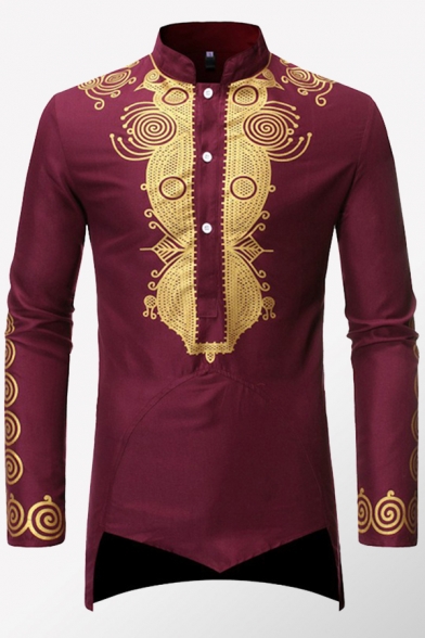 Cool Mens Tunic T-Shirt African Style Gilding Spiral Pattern Asymmetric Hem Slim Fitted Long Sleeve Stand Collar Tee Top