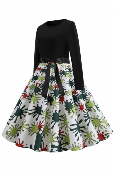 Creative Womens Dress Plaid Splash Dot Pattern Bow Tie Waist Long Sleeve Midi A-Line Slim Fitted Round Neck Swing Dress