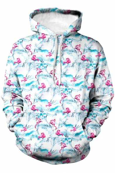 Mens Hoodie Simple 3D Allover Flamingo Print Kangaroo Pocket Drawstring Long Sleeve Regular Fit Hooded Sweatshirt