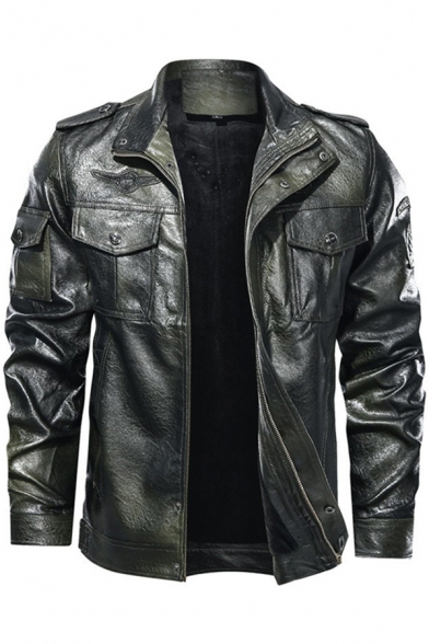 Mens Jacket Creative Ombre Color Chest Flap Pockets Epaulets Applique Zipper Detail Mock Neck Slim Fitted Long Sleeve Leather Jacket