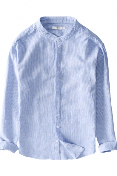 Mens Shirt Chic Pinstripe Print Cotton Linen Button up Stand Collar Long Sleeve Regular Fit Shirt