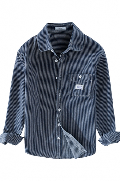 Mens Shirt Simple Pinstripe Print Label Patch Button up Chest Pocket Spread Collar Long Sleeve Regular Fit Cargo Shirt