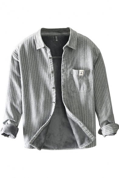 Mens Shirt Unique Pinstripe Print Thickened Spread Collar Button Detail Regular Fit Long Sleeve Shirt