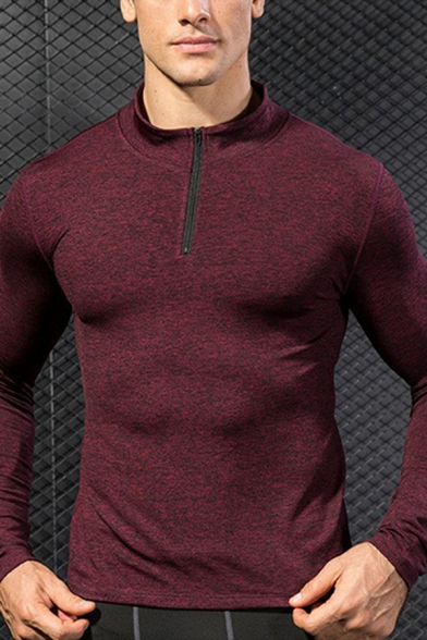Mens T-Shirt Trendy Space Dye 1/4 Zip Stretch Quick-Dry Skinny Fitted Stand Collar Long Sleeve Thickened T-Shirt