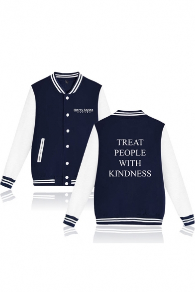 Popular Letter TREAT PEOPLE WITH KINDNESS Print Button Up Color Block Baseball Jacket