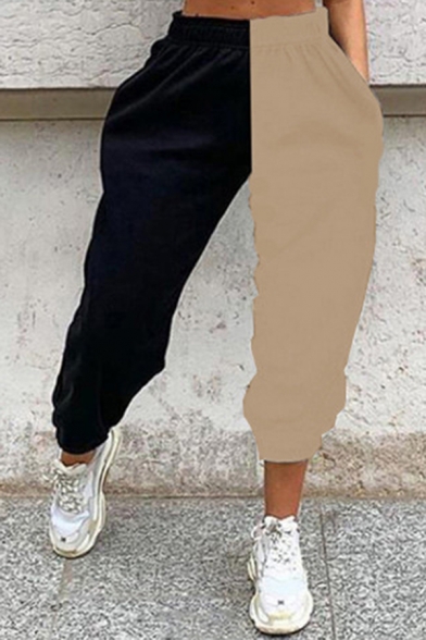 Trendy Women's Pants Color Block High-Rise Side Pockets oversized Pants